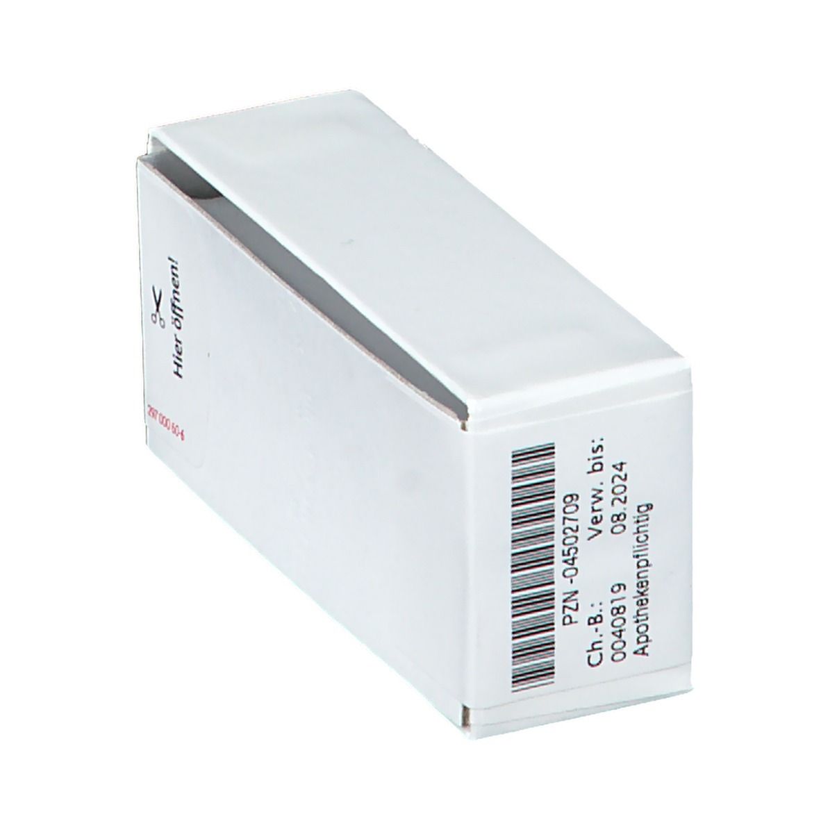 Weiße Schachtel mit Barcode, PZN-Nummer und Verfallsdatum. Aufschrift: Apothekenpflichtig. Text: Hier öffnen!