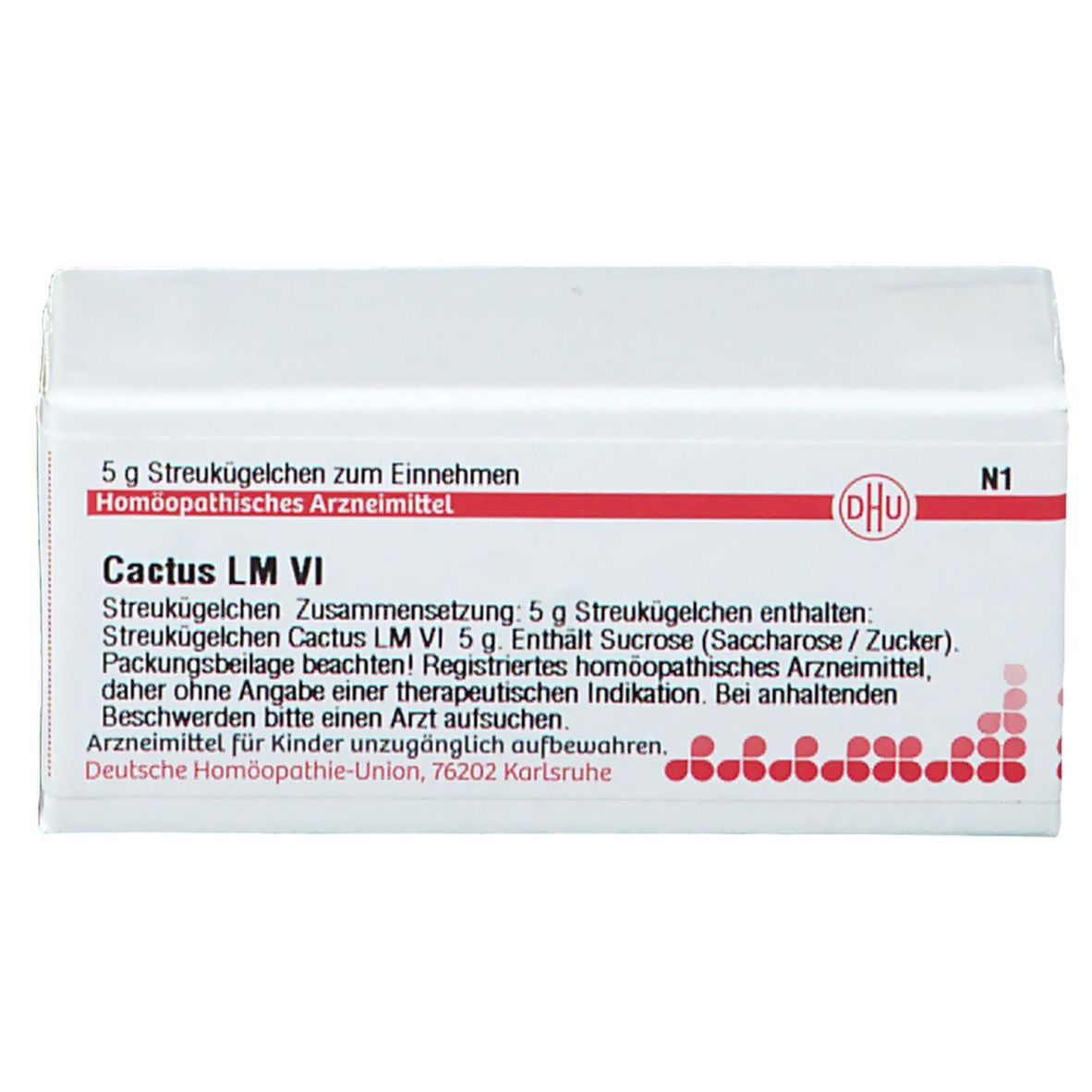 Weiße rechteckige Schachtel mit roter Schrift und DHU-Logo. Text: Cactus LM VI, 5 g Streukügelchen. Apothekenpflichtig.