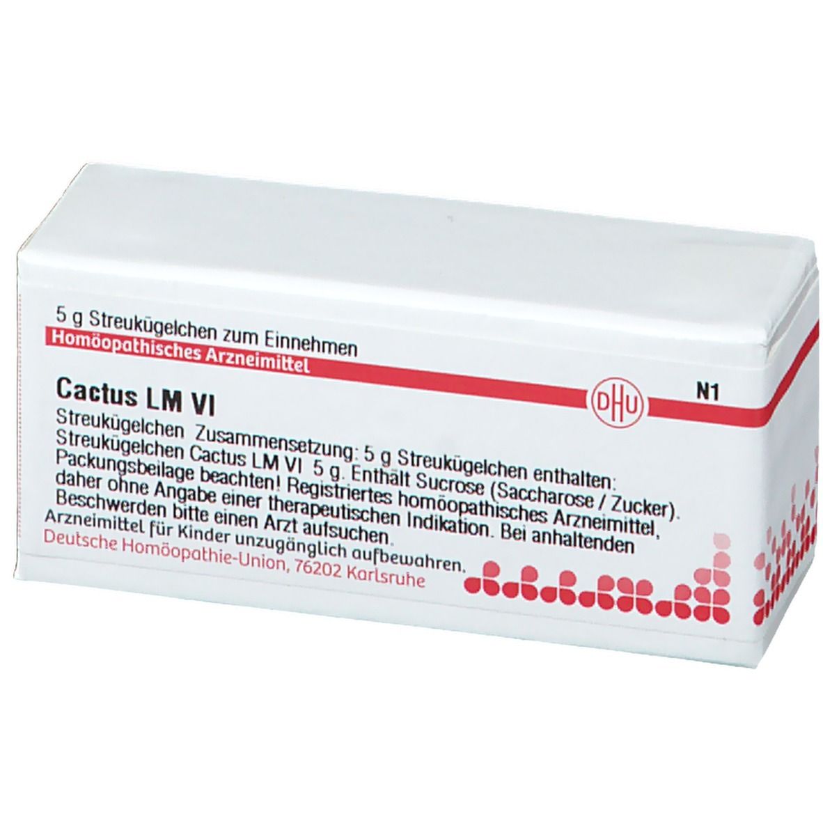 Weiße rechteckige Schachtel mit roter Schrift und DHU-Logo. Text: Cactus LM VI, 5 g Streukügelchen. Apothekenpflichtig.