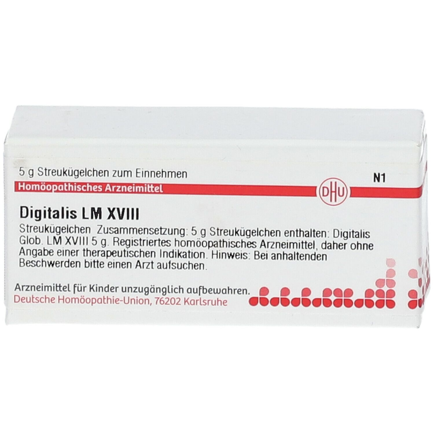 Weiße Schachtel mit roter Linie und Text. Aufschrift: Digitalis LM XVIII, DHU Logo. Rote Punkte am unteren Rand.