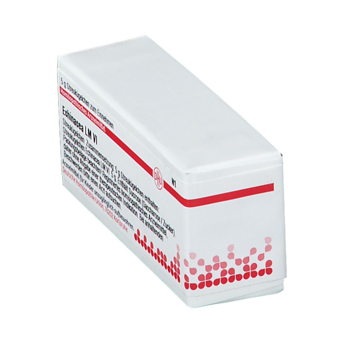 Weiße Schachtel mit roter Schrift und DHU-Logo. Beschriftung: Echinacea LM VI, Streukügelchen. Apothekenpflichtig.