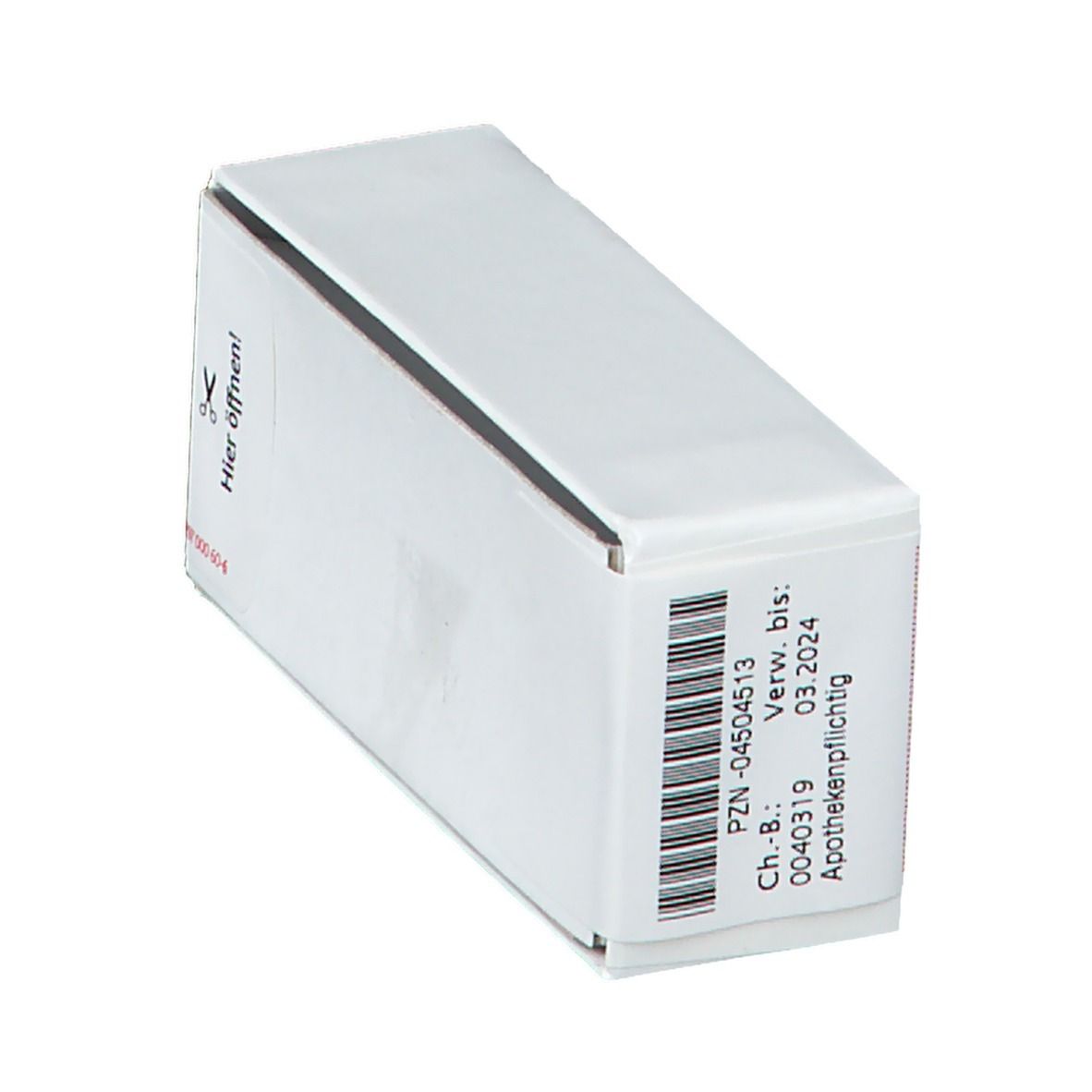 Weiße Schachtel mit Barcode und Aufschrift "Verw. bis: 03 2024". Apothekenpflichtig. Aufschrift "Hier öffnen!".