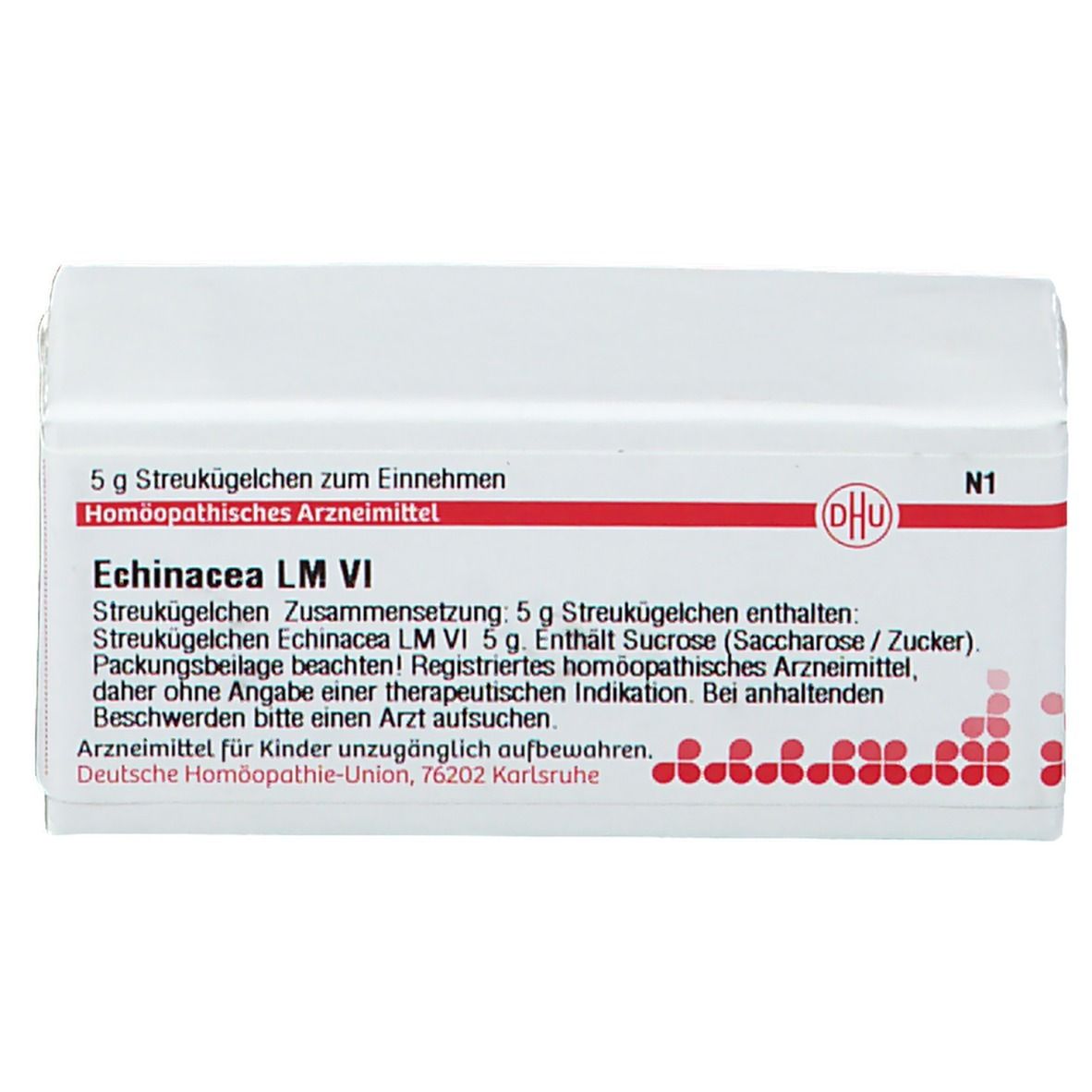 Weiße Schachtel mit roter Schrift und DHU-Logo. Beschriftung: Echinacea LM VI, Streukügelchen. Apothekenpflichtig.