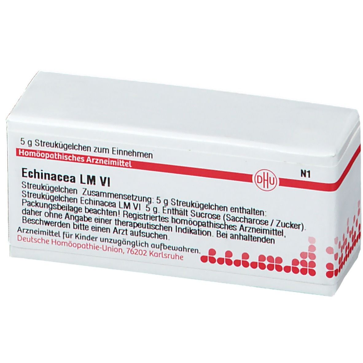 Weiße Schachtel mit roter Schrift und DHU-Logo. Beschriftung: Echinacea LM VI, Streukügelchen. Apothekenpflichtig.