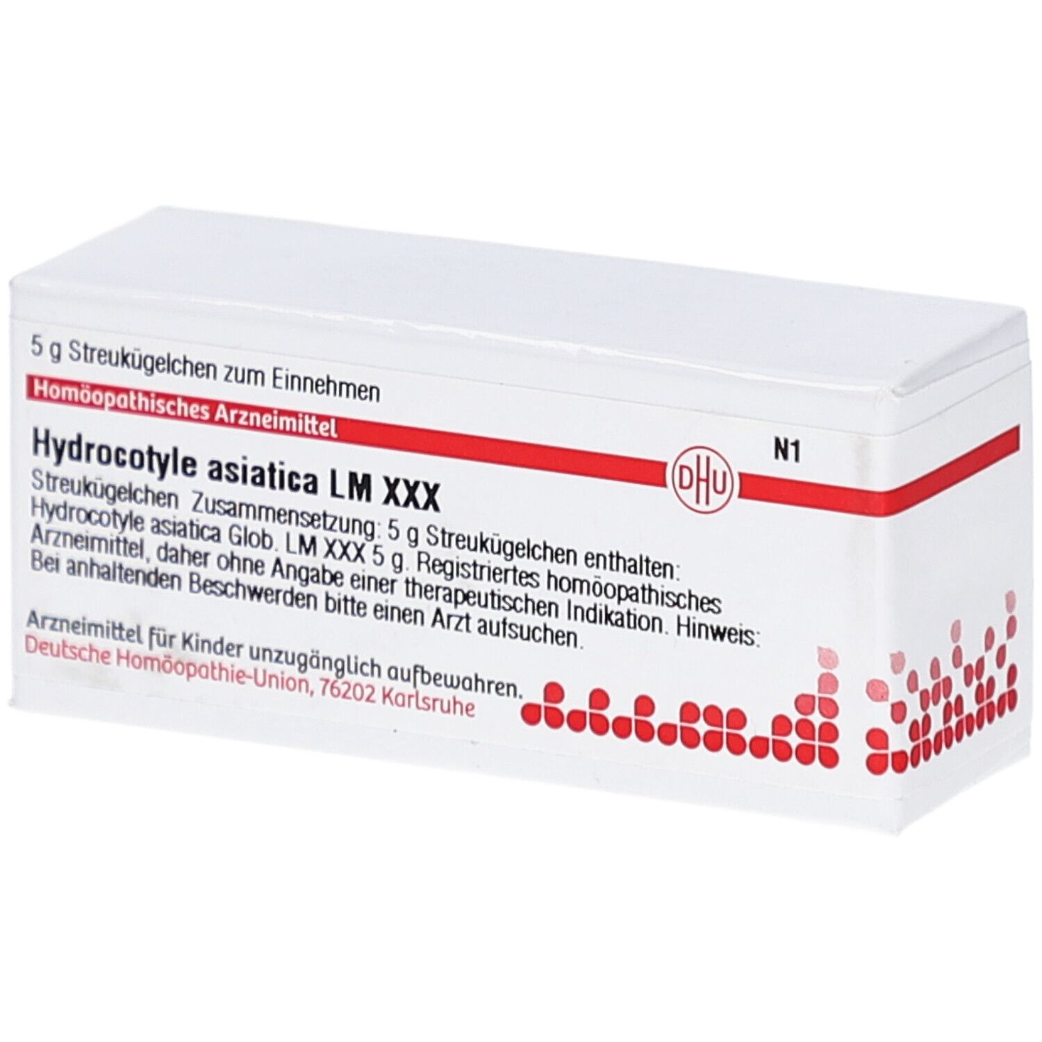 Weiße Schachtel mit roter Schrift und DHU-Logo. Beschriftung: Hydrocotyle asiatica LM XXX. Enthält Streukügelchen.