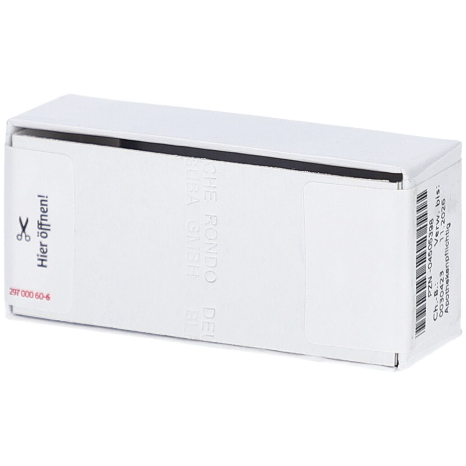 Weiße Schachtel mit Aufreißlasche. Aufschrift: Hier öffnen! Barcode und Verfallsdatum.