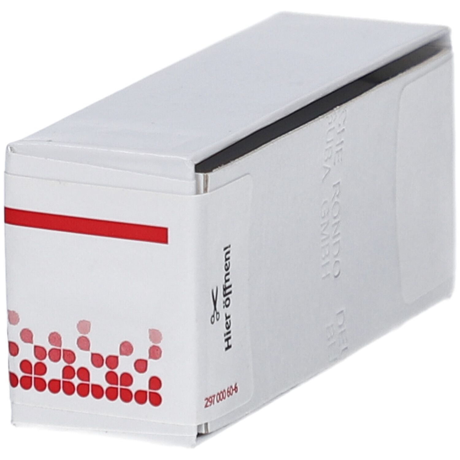 Weiße Schachtel mit rotem Streifen und Aufreißlasche. Aufschrift: Hier öffnen!