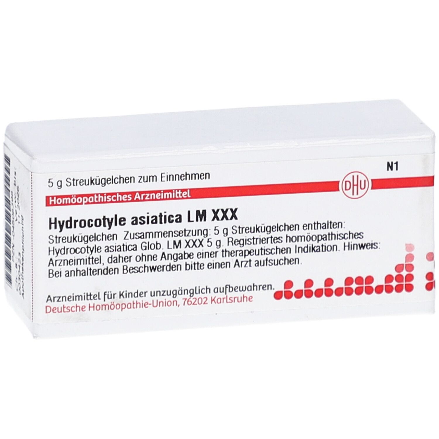 Weiße Schachtel mit roter Schrift und DHU-Logo. Beschriftung: Hydrocotyle asiatica LM XXX. Enthält Streukügelchen.