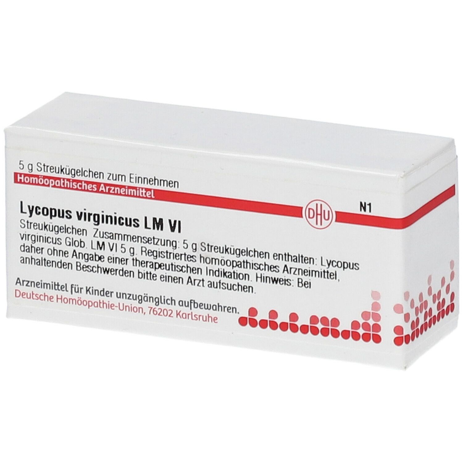 Weiße Schachtel mit roter Linie und Text. Enthält DHU Lycopus virginicus LM VI. Aufdrucke: DHU-Logo, N1, 5 g Streukügelchen.