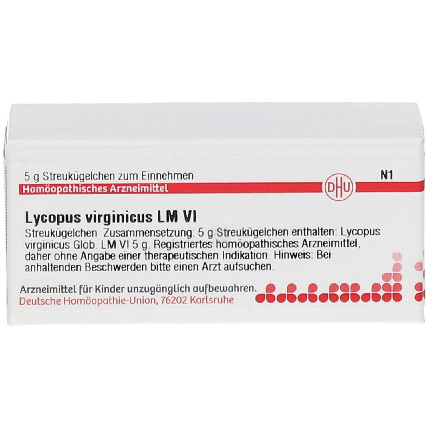 Weiße Schachtel mit roter Linie und Text. Enthält DHU Lycopus virginicus LM VI. Aufdrucke: DHU-Logo, N1, 5 g Streukügelchen.