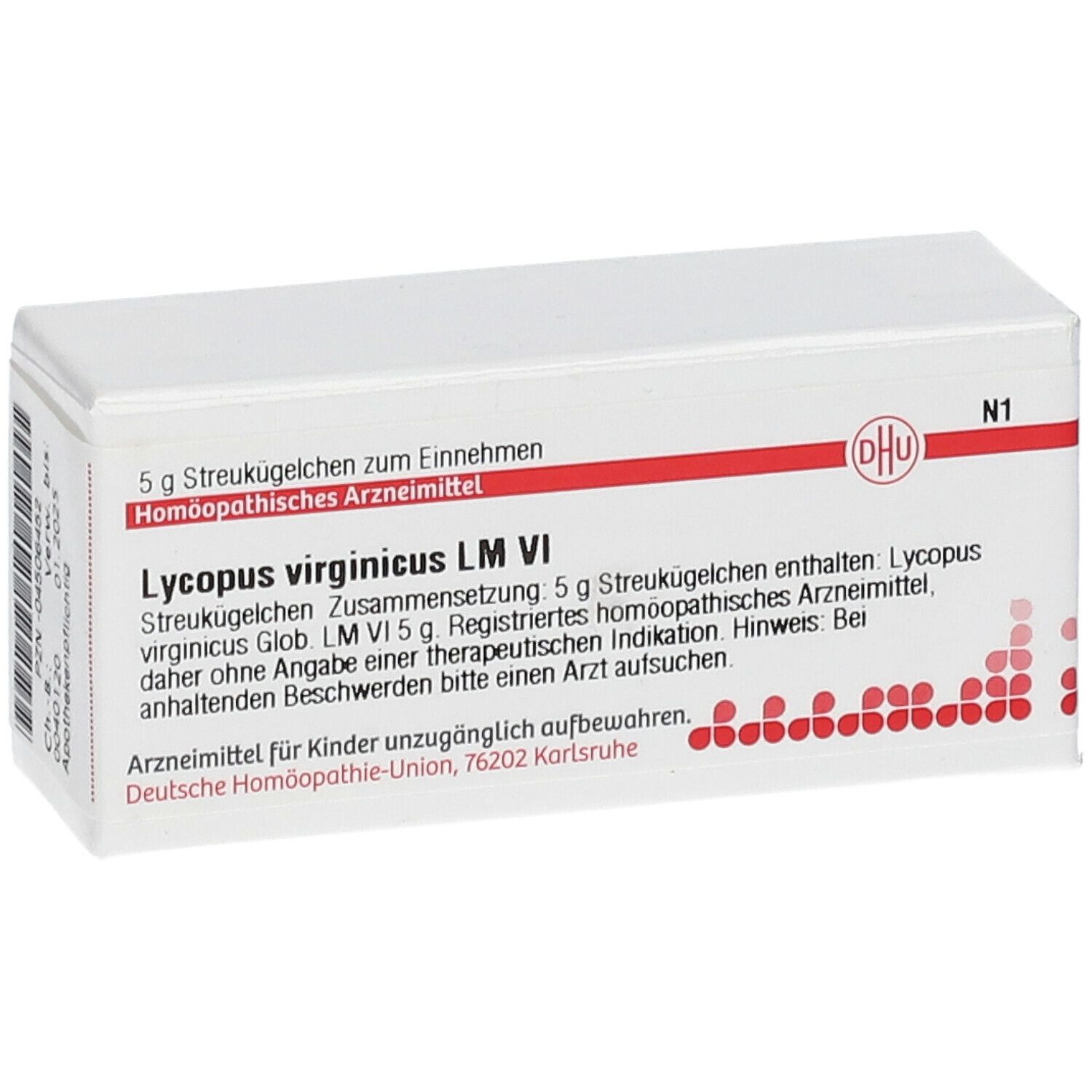 Weiße Schachtel mit roter Linie und Text. Enthält DHU Lycopus virginicus LM VI. Aufdrucke: DHU-Logo, N1, 5 g Streukügelchen.
