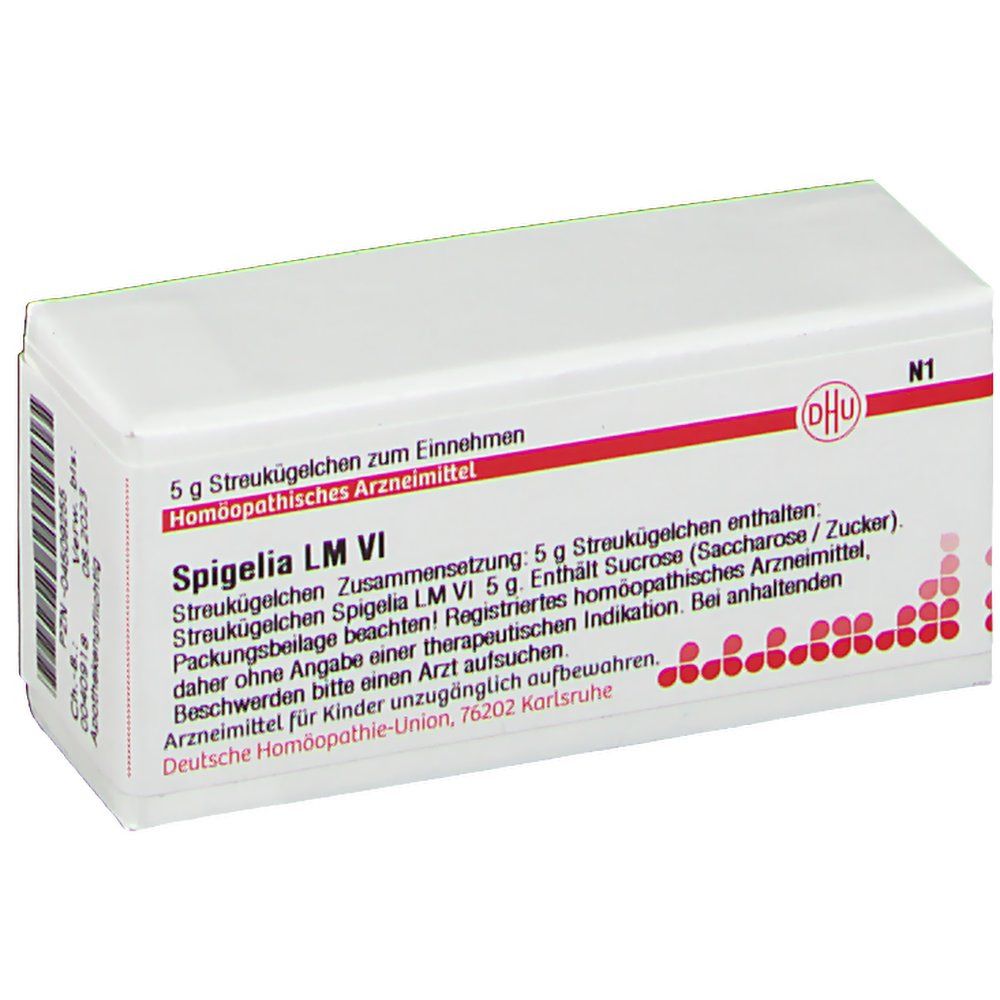 Weiße Schachtel mit roter Schrift und DHU-Logo. Text: Spigelia LM VI, 5 g Streukügelchen. Homöopathisches Arzneimittel.