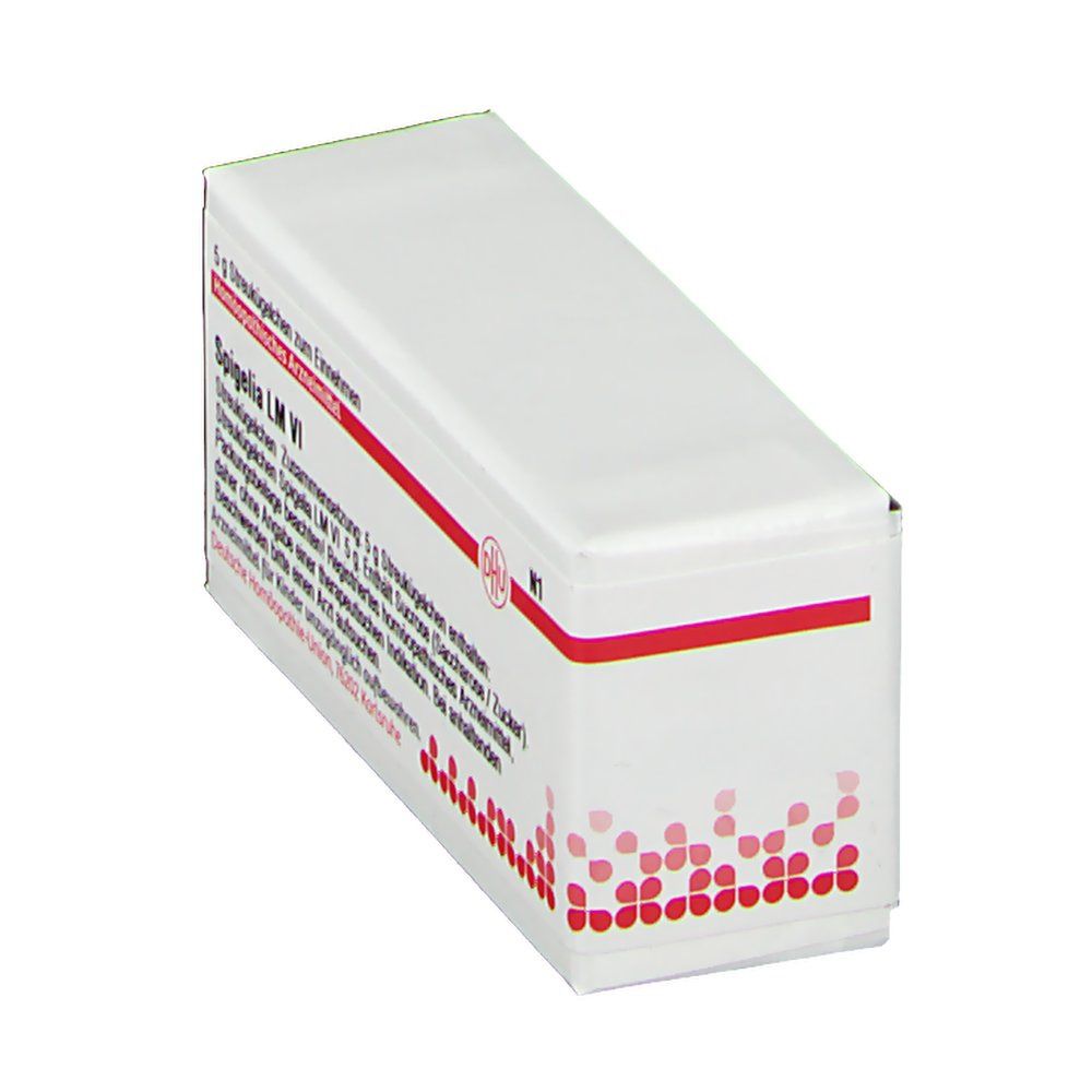 Schräg gestellte weiße Schachtel mit roter Schrift und DHU-Logo. Text: Spigelia LM VI. Homöopathisches Arzneimittel.