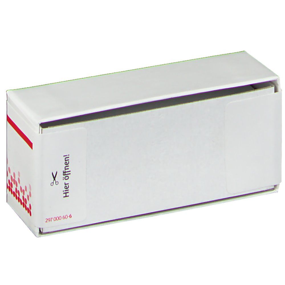 Weiße Schachtel mit roter Schrift und Aufdruck 'Hier öffnen!'. Schachtel teilweise geöffnet.