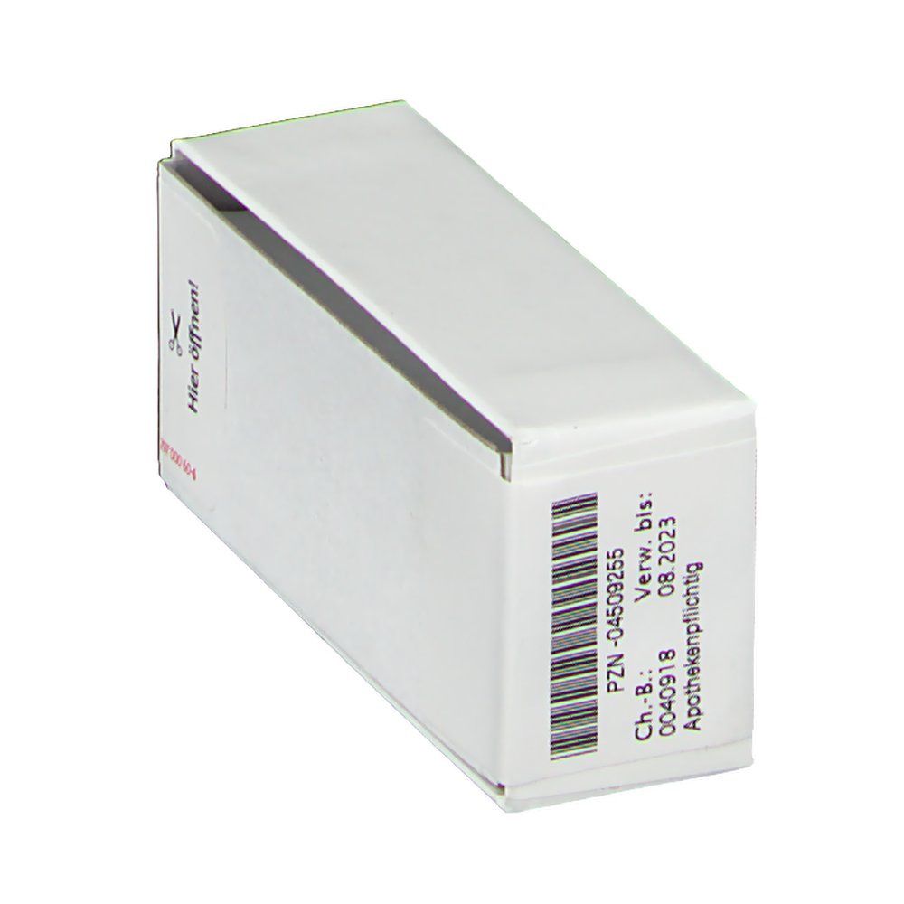 Weiße Schachtel mit Barcode und Text. Text: PZN-04509255, Verwendbar bis: 08.2023. Apothekenpflichtig.