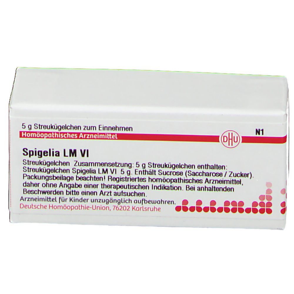 Weiße Schachtel mit roter Schrift und DHU-Logo. Text: Spigelia LM VI, 5 g Streukügelchen. Homöopathisches Arzneimittel.