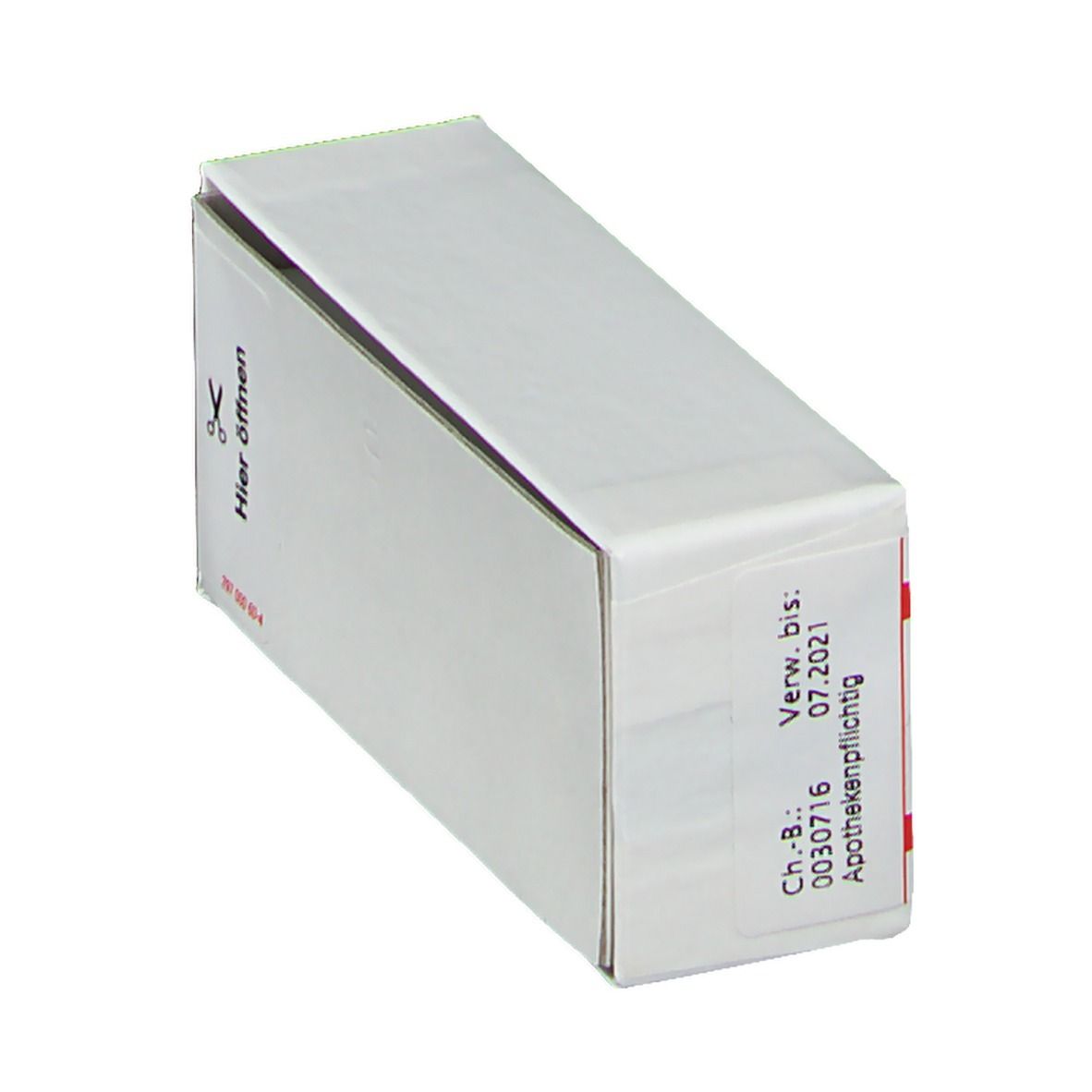 Weiße Schachtel, teilweise geöffnet. Aufdruck: Verwendbar bis 07.2021. Apothekenpflichtig. Ch.-B.: 0030716.
