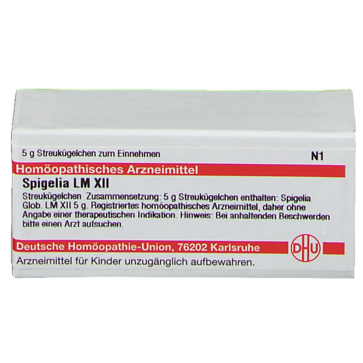 Weiße Schachtel mit roter Schrift. Aufschrift: Spigelia LM XII, DHU Logo. Enthält Streukügelchen. N1.