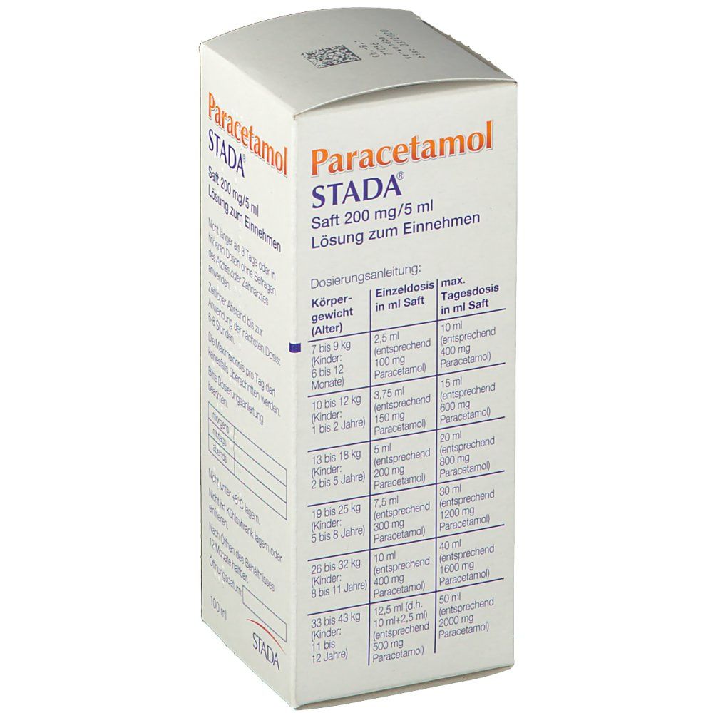 Schachtel Paracetamol STADA Saft. Weiße Verpackung mit roter und orangefarbener Schrift. Enthält Dosierungstabelle nach Alter und Gewicht.
