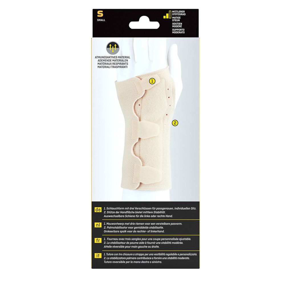 Rückseite der FUTURO Handgelenk-Schiene Verpackung. Beige Handgelenk-Schiene. Text: Atmungsaktives Material, Material adoucissant, Materiali traspiranti.
