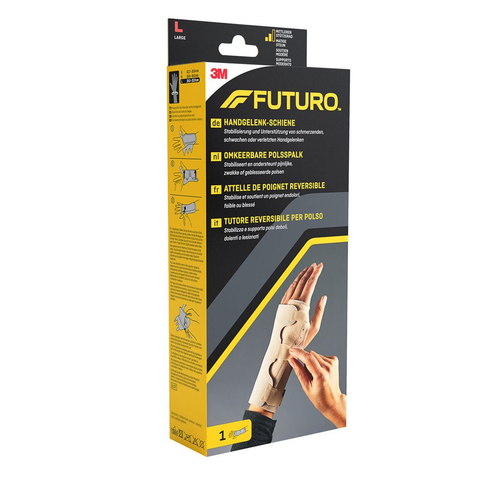 FUTURO Handgelenk-Schiene in Verpackung. Beige Schiene, Hand-Abbildung. Gelbe Verpackung mit Produktnamen und Text. 3M Logo.