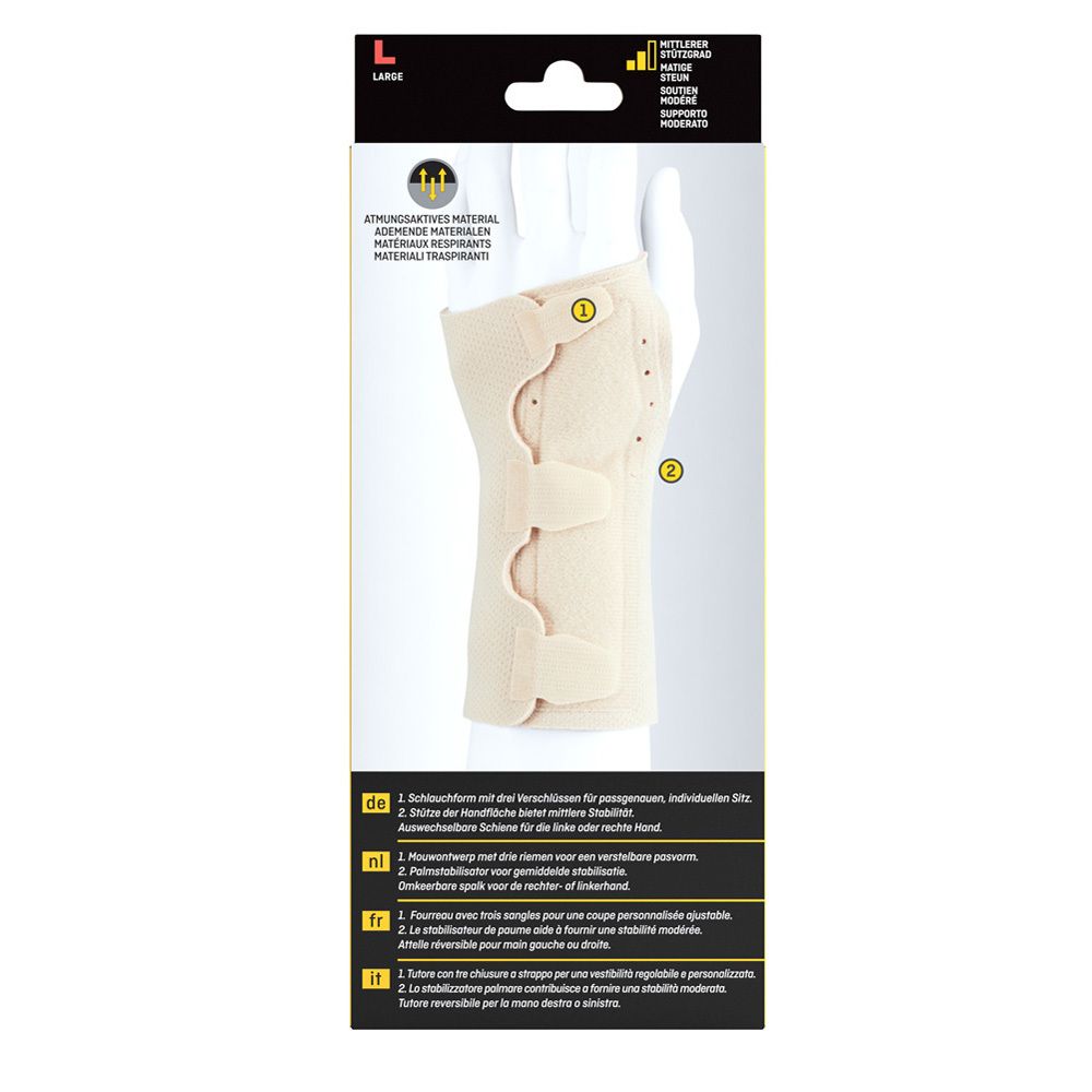Rückseite der FUTURO Handgelenk-Schiene. Beige Schiene mit Klettverschlüssen. Text in Deutsch, Niederländisch, Französisch und Italienisch.