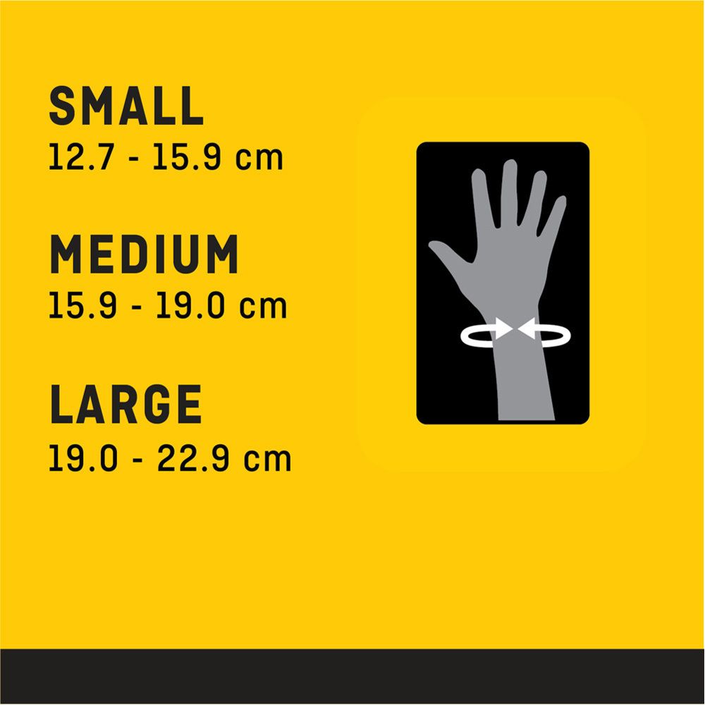 Größentabelle für Handgelenk-Schiene. Größen: Small, Medium, Large. Handgelenk-Illustration mit Maßangaben in cm.