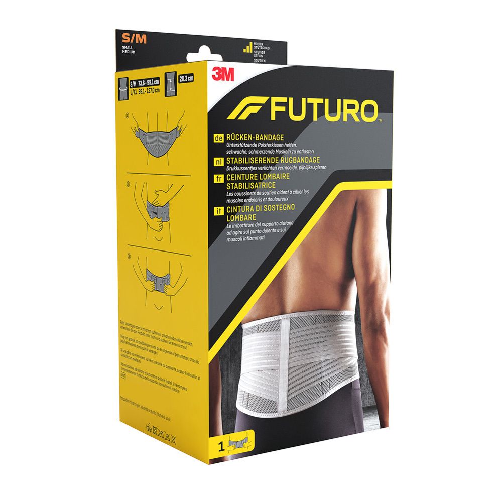 FUTURO™ Rücken-Bandage S-M auf Verpackung. Produktabbildung und Anwendungshinweise. Gelb-schwarze Verpackung. Text: FUTURO, Rücken-Bandage.