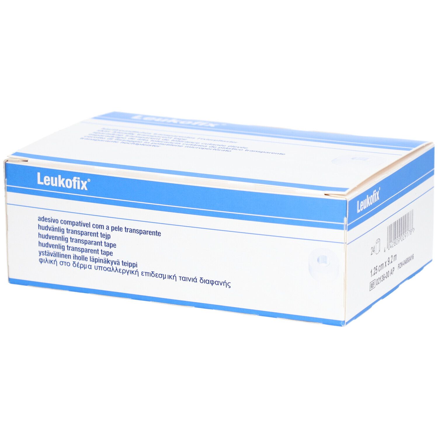 Verpackung von Leukofix. Blaue und weiße Schachtel mit Produktbezeichnung und Text in mehreren Sprachen.