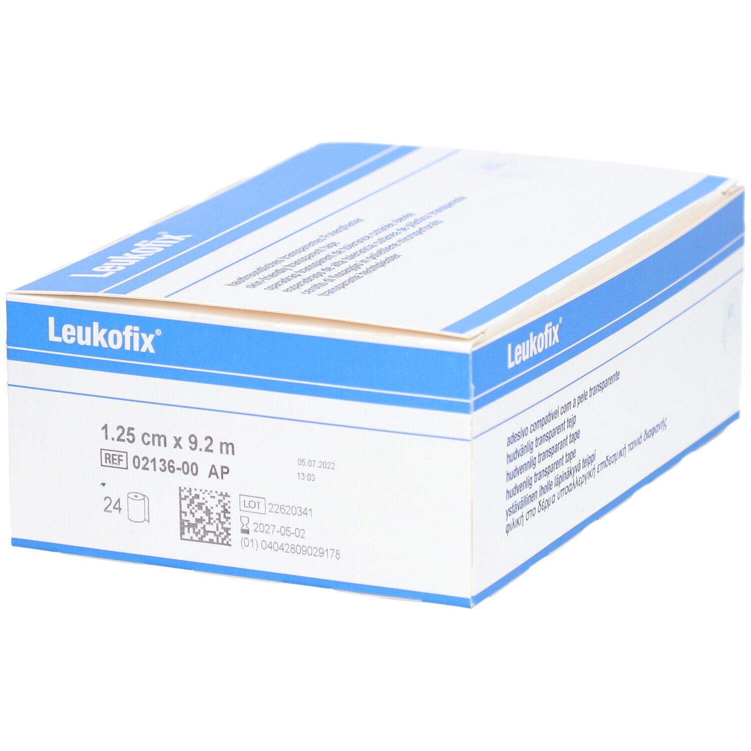 Leukofix-Verpackung. Weiße und blaue Schachtel mit Produktbezeichnung, Größenangabe und Barcode.