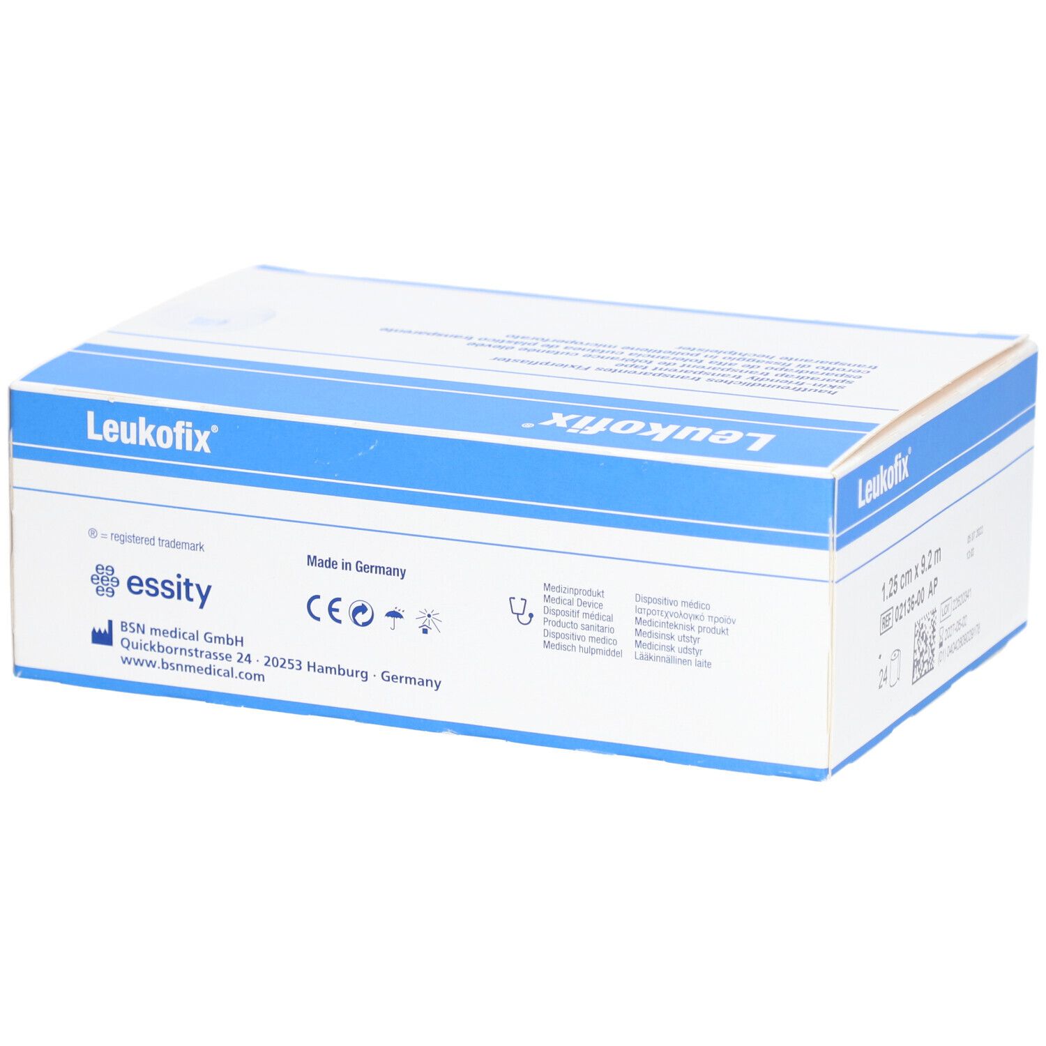 Leukofix-Verpackung. Weiße und blaue Schachtel mit Produktbezeichnung, Herstellerinformationen und Zertifizierungen.