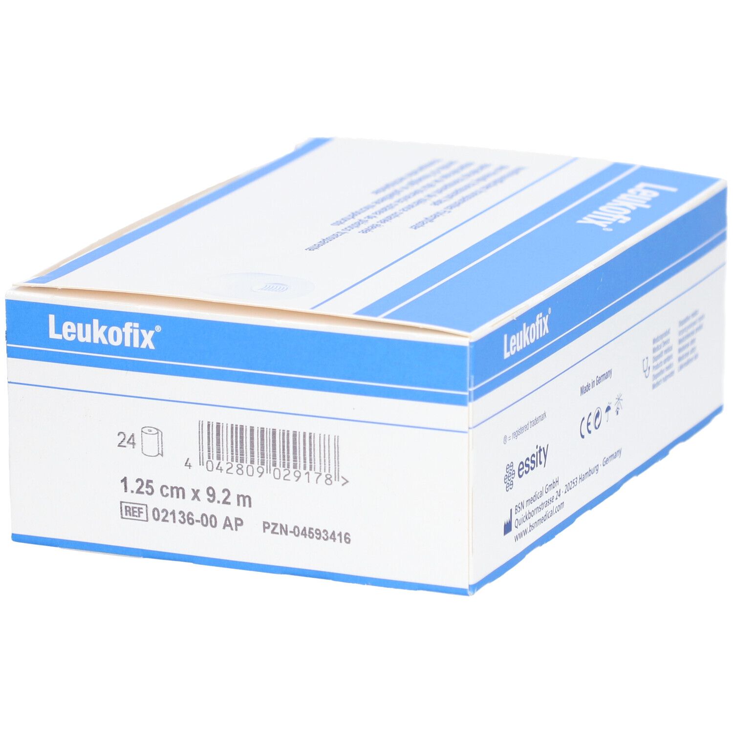 Leukofix-Verpackung. Weiße und blaue Schachtel mit Produktbezeichnung, Größenangabe und Barcode.
