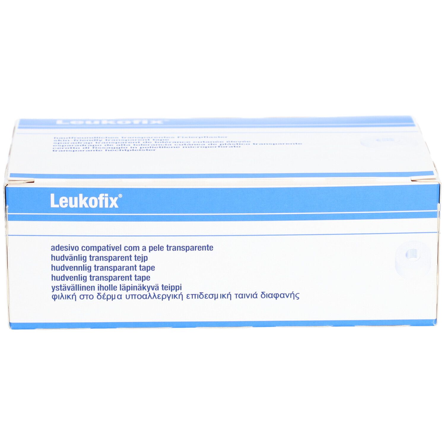 Leukofix-Verpackung. Weiße und blaue Schachtel mit Produktbezeichnung und Text in mehreren Sprachen.