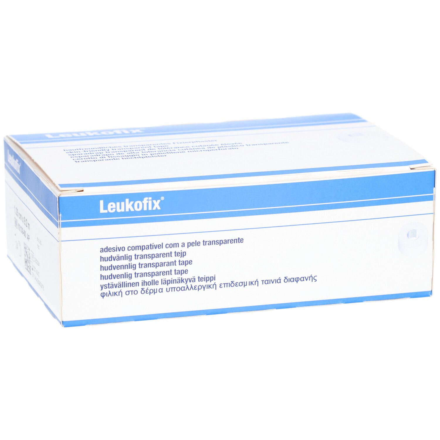 Leukofix-Verpackung. Weiße und blaue Schachtel mit Produktbezeichnung und Text in mehreren Sprachen.