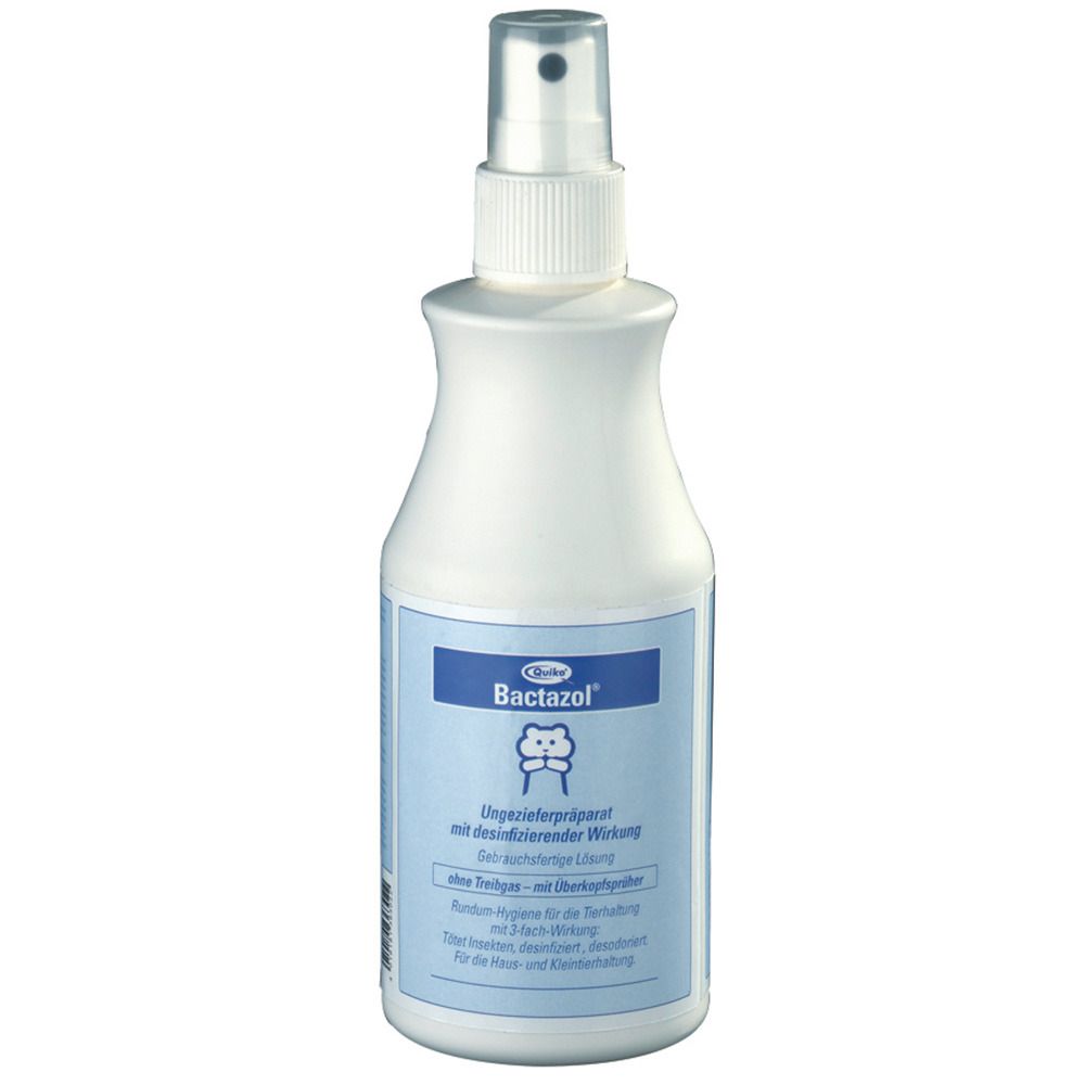 Weiße Sprühflasche mit blauem Etikett. Aufschrift Bactazol. Mit Sprühkopf.