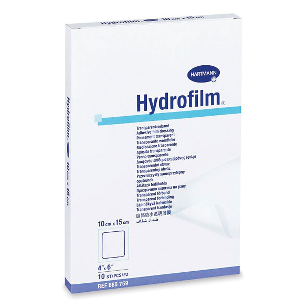 Verpackung mit transparentem Wundverband. Marke: Hydrofilm. Größe: 10 cm x 15 cm. 10 Stück. Hersteller: Hartmann.