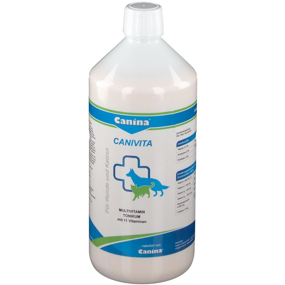 Weiße Flasche mit blau-grüner Beschriftung. Aufschrift: Canina Canivita, Multivitamin-Tonikum mit 11 Vitaminen. Logo: Kreuz mit Hund und Katze.