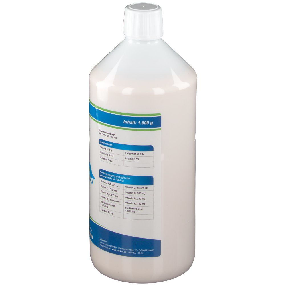 Weiße Flasche, Seitenansicht. Aufschrift: Inhalt: 1.000 g. Tabellarische Auflistung von Inhaltsstoffen und Nährwertangaben. Weißer Schraubverschluss.