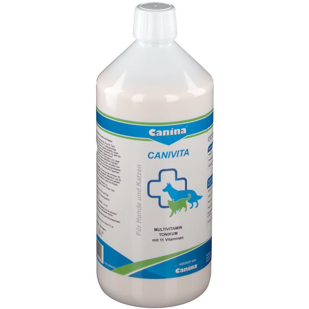 Weiße Flasche mit blau-grüner Beschriftung. Aufschrift: Canina Canivita, Multivitamin-Tonikum mit 11 Vitaminen. Logo: Kreuz mit Hund und Katze.