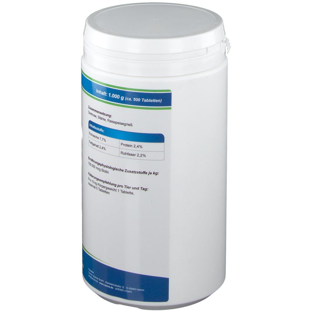 Weiße Dose mit blau-weißem Etikett. Aufschrift: Inhaltsstoffe, Nährwertangaben. Deckel und Dose aus Kunststoff.