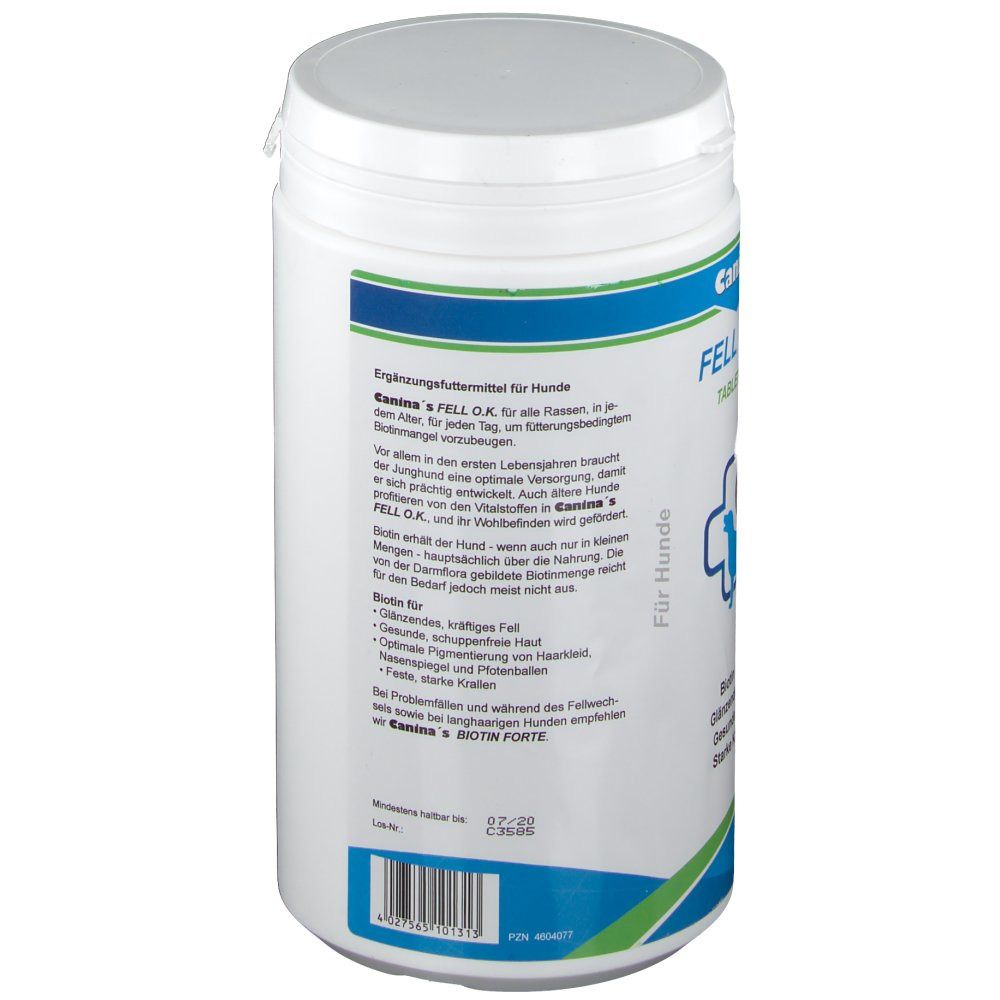 Weiße Dose mit blau-weißem Etikett. Aufschrift: Ergänzungsfuttermittel für Hunde. Informationen zu Inhaltsstoffen und Anwendung.