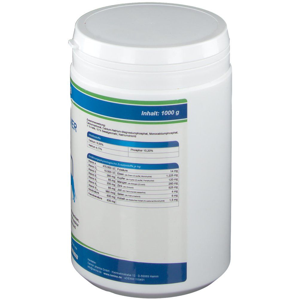 Weiße Dose, Seitenansicht. Aufschrift: CANIPULVER. Text mit Nährwertangaben. Inhalt: 1000 g. Dose mit Deckel.