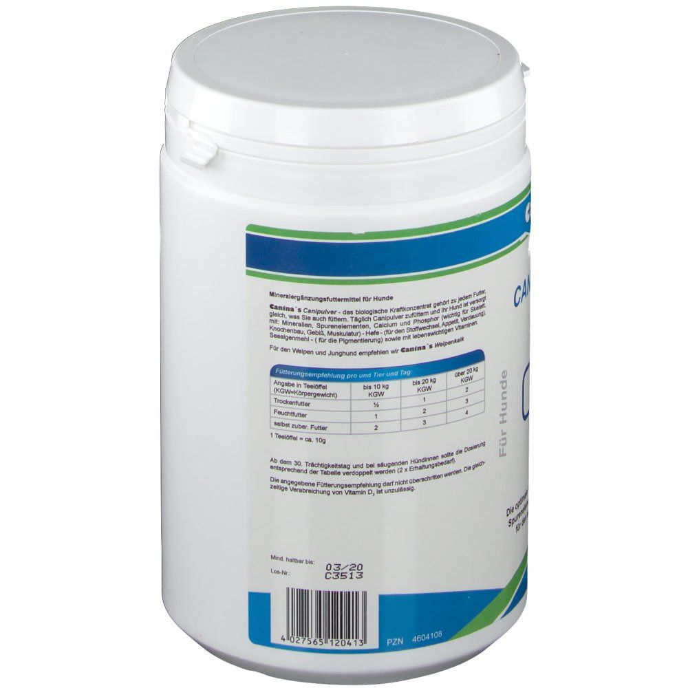 Weiße Dose, Seitenansicht. Text mit Dosierungsanleitung. Aufschrift: CANIPULVER. Dose mit Deckel.