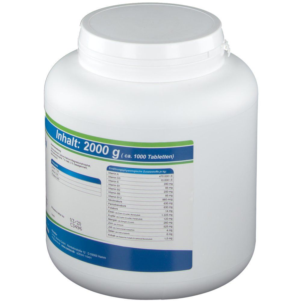 Weiße Dose, Rückseite mit blau-grüner Beschriftung. Aufschrift: Inhalt: 2000 g (ca. 1000 Tabletten). Nährwerttabelle.