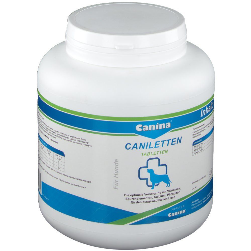 Weiße Dose mit blau-grüner Beschriftung. Aufschrift: Canina CANILETTEN Tabletten. Logo: Hund mit Kreuz. Inhalt: 2000 g.