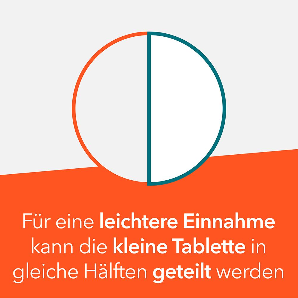 Grafik einer Tablette, geteilt in zwei Hälften. Hintergrund orange und blau.