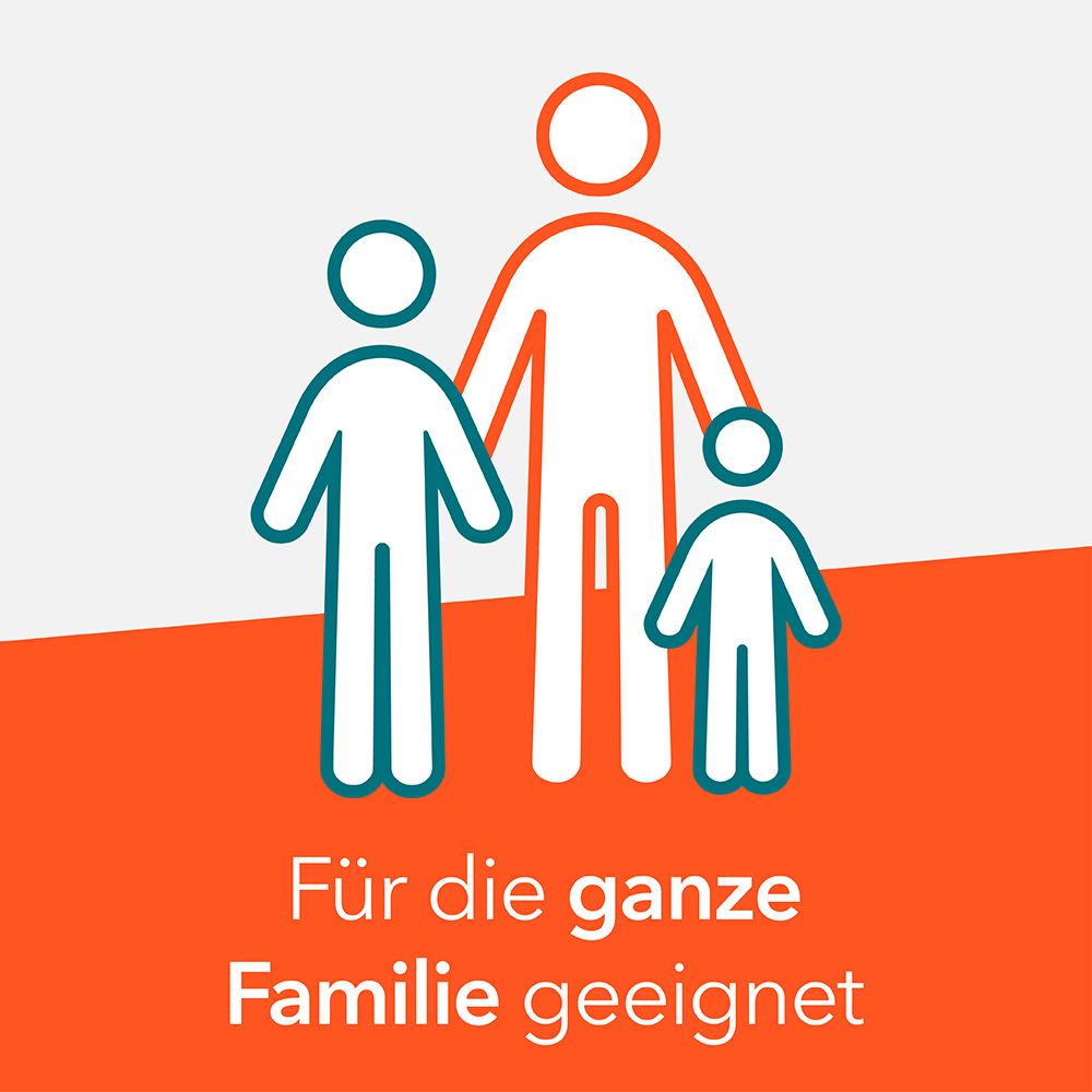 Symbol: Familie. Drei Figuren auf orangefarbenem Hintergrund.