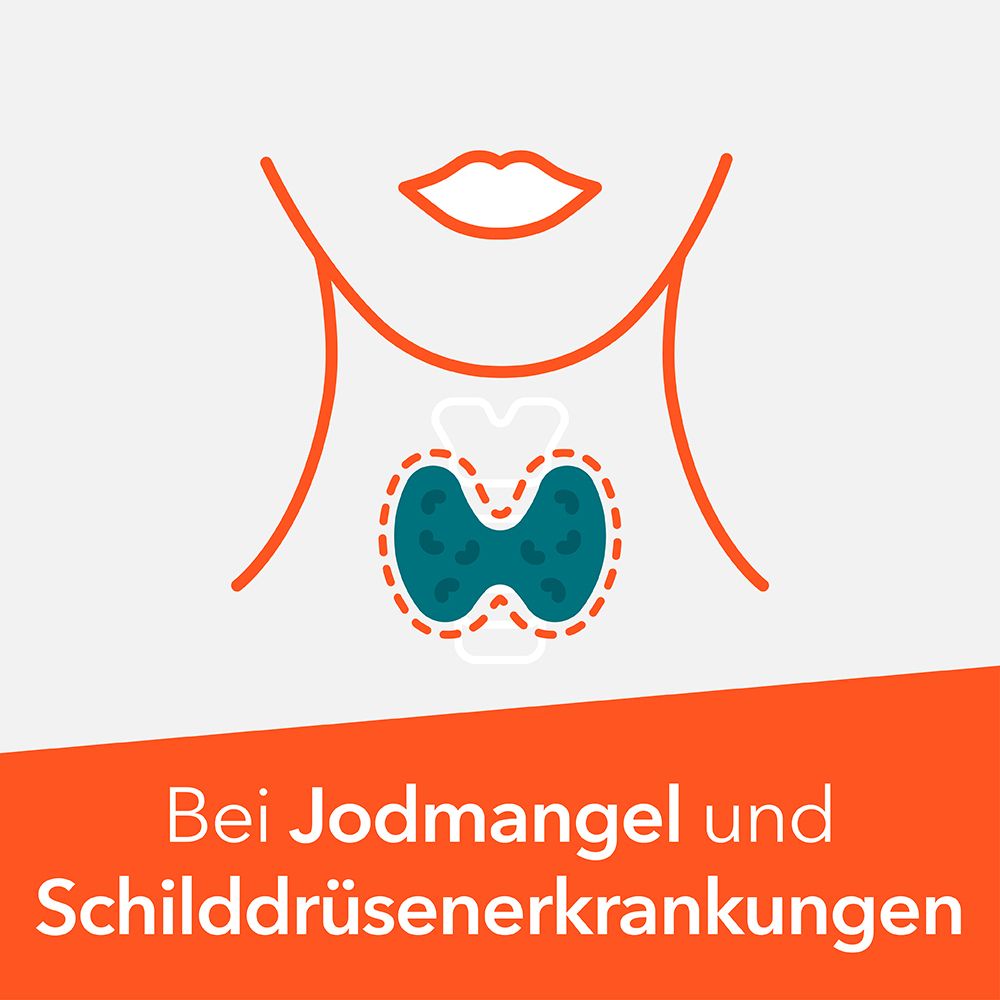 Grafik einer Schilddrüse mit Hals. Text: Bei Jodmangel und Schilddrüsenerkrankungen.