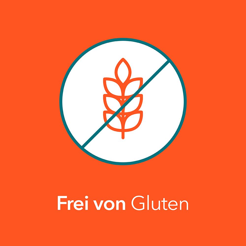 Runder Kreis mit einem durchgestrichenen Ährensymbol. Text: Frei von Gluten.