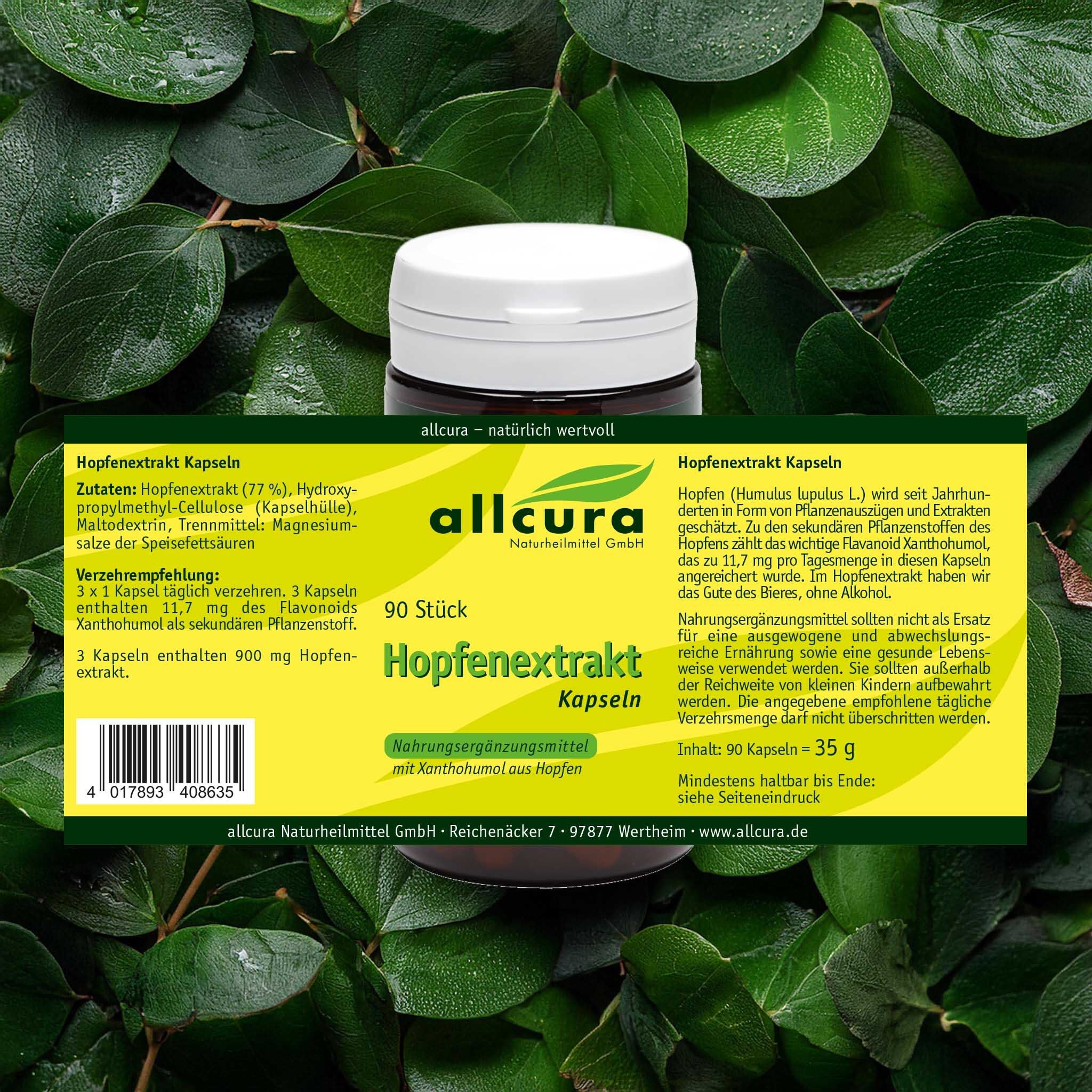 Dose mit Hopfenextrakt-Kapseln, umgeben von Blättern. Aufschrift: 90 Stück, Hopfenextrakt Kapseln.